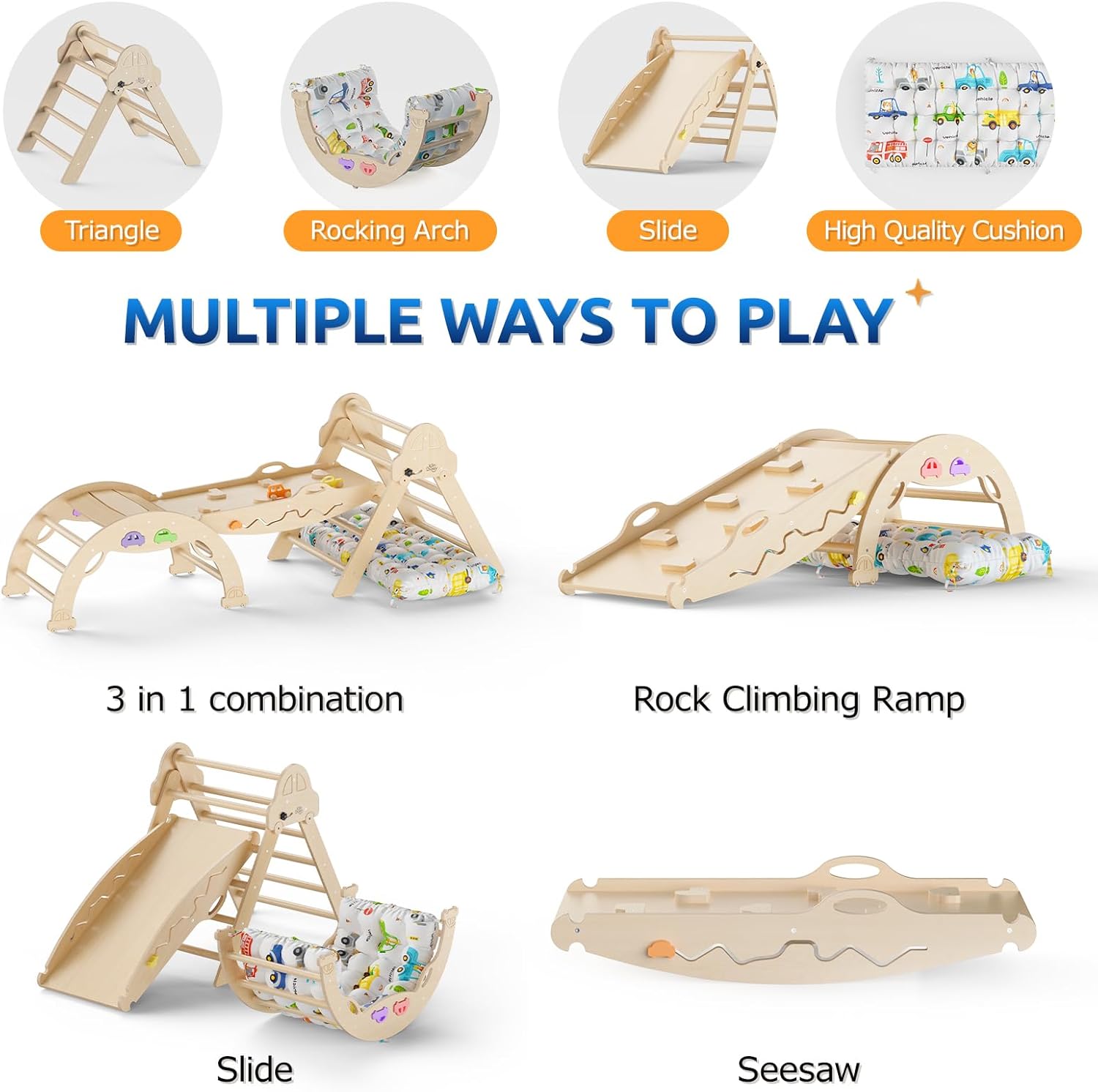Pikler Triangle Set with Cushion 9 in 1 Foldable Montessori Climbing Toys for Toddlers 1-3 Indoor Wooden Kids Playground Baby Climbing with Maze Toys, Shape Sorter Toys, Car